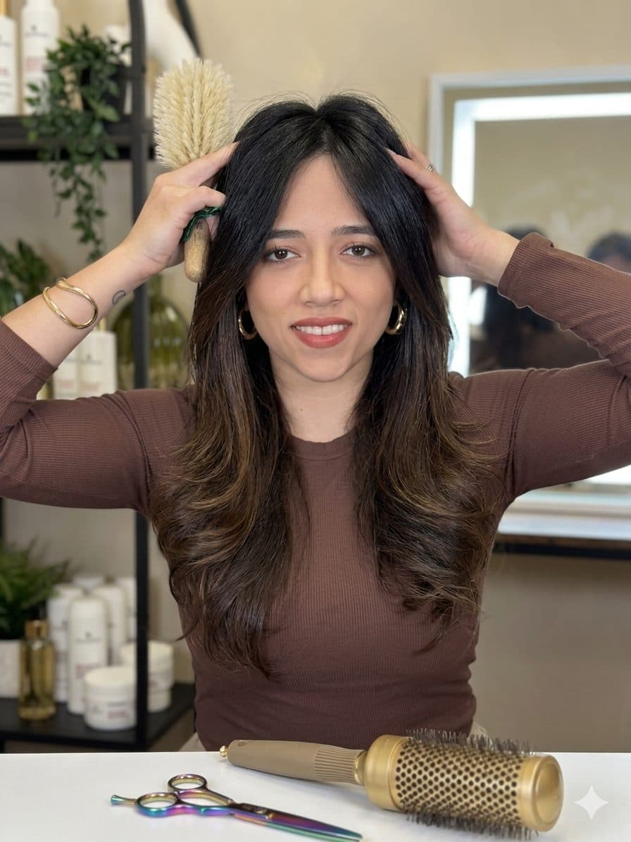 Amanda at the styling mirror with brushes and shears